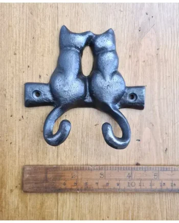 2 Kissing Cats Coat Hook Cast Antique Iron
